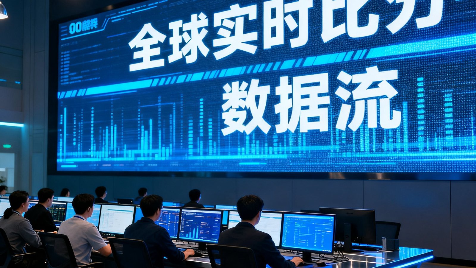 90比分网数据团队在监控大厅工作，大屏上滚动着全球实时比分和数据流
